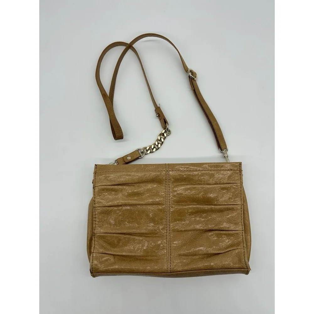 THE SAK Tan Glazed Leather Crossbody Bag Purse Pleated Zip Top‎ Removable Strap